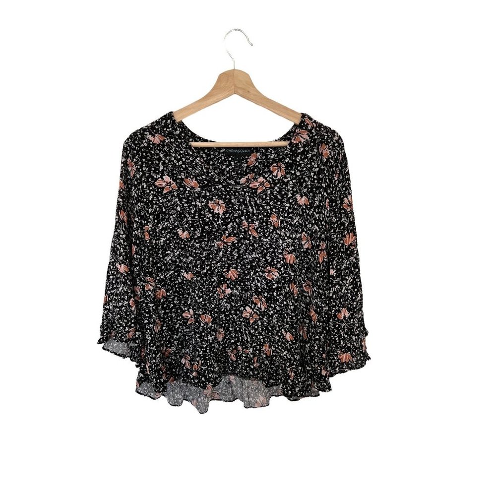 Rowley Cynthia Floral Black Blouse Top Size Large Sleeve Linen Womens Women's 3/